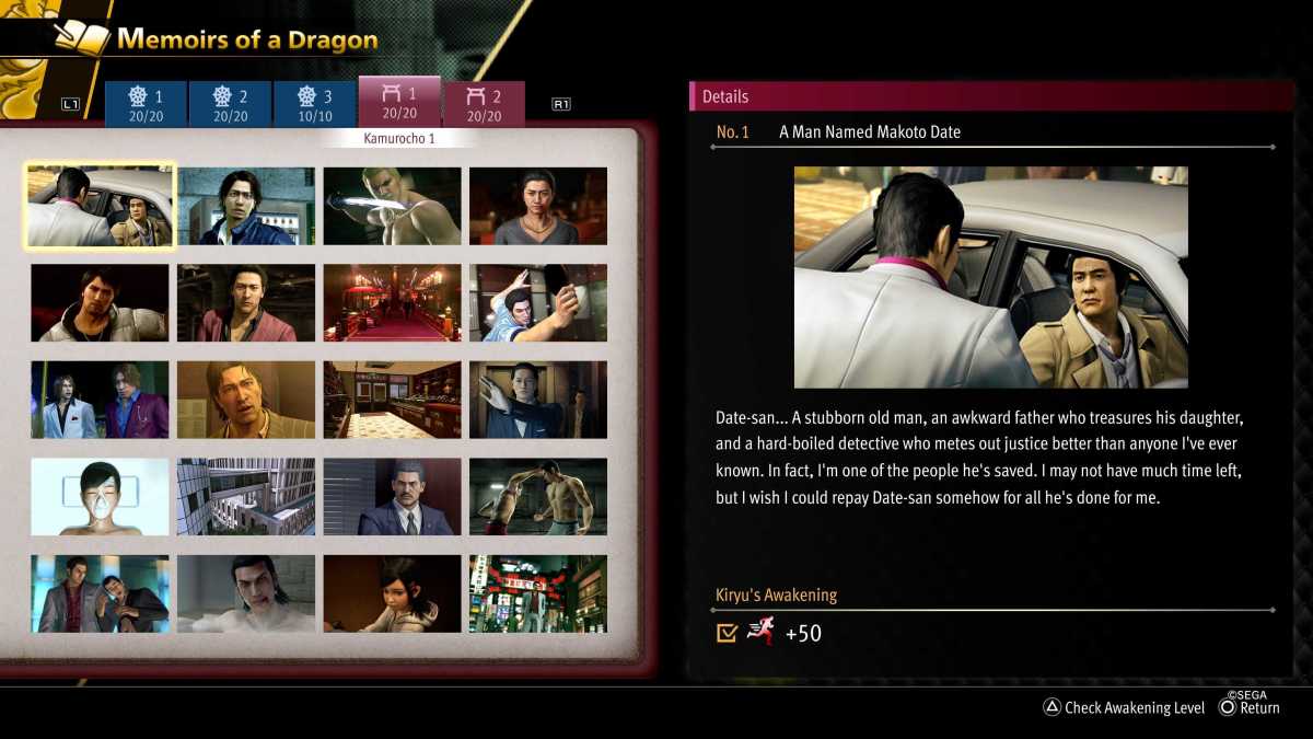 Memoirs of a Dragon screen in Like a Dragon: Infinite Wealth showing Kamurocho memories.